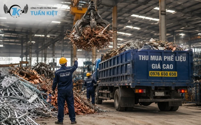 Công nhân phân loại bốc xếp phế thải kim loại đồng nhôm tại bãi kho xưởng công nghiệp