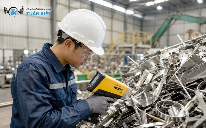 Kỹ thuật viên đang sử dụng máy đo quang phổ kiểm tra phế liệu inox